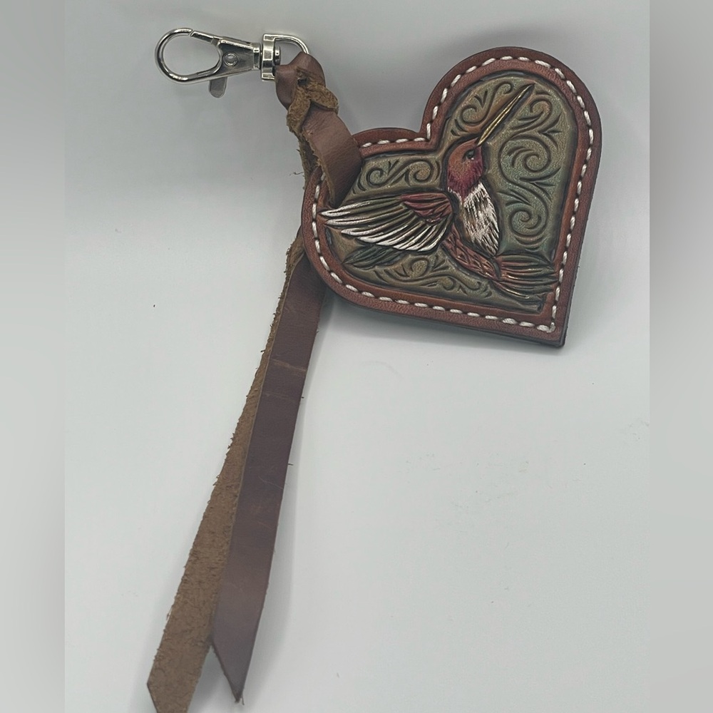 Allred Leather Company: Hand Tooled Genuine Leather Heart Keychain w/Hummingbird